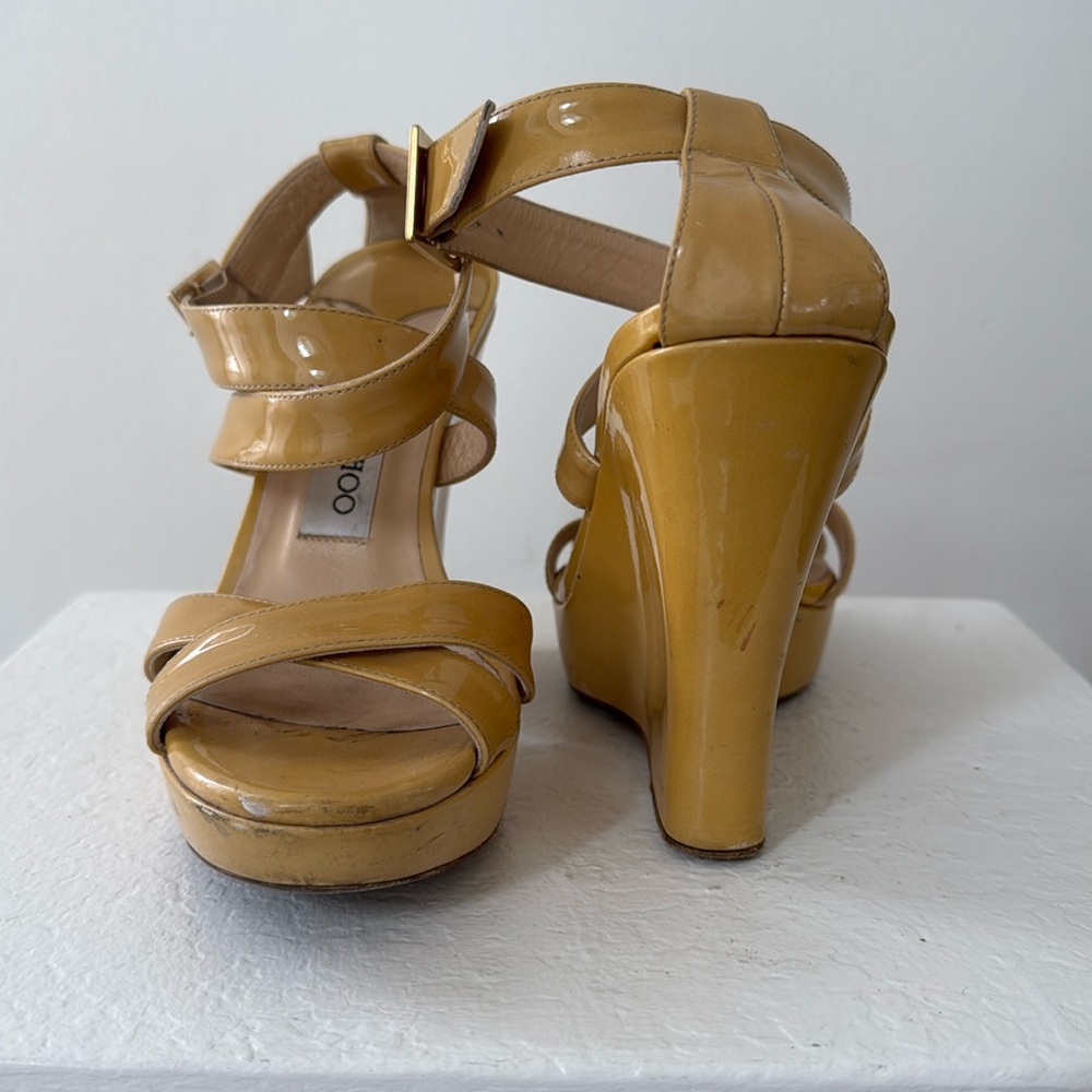 Nude Jimmy Choo Patent Leather Platform Wedges 36